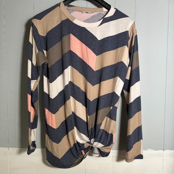 Egs Tunic Style Navy Pink Chevron Long Sleeve Twist Hem Top Size Large. - Picture 1 of 8
